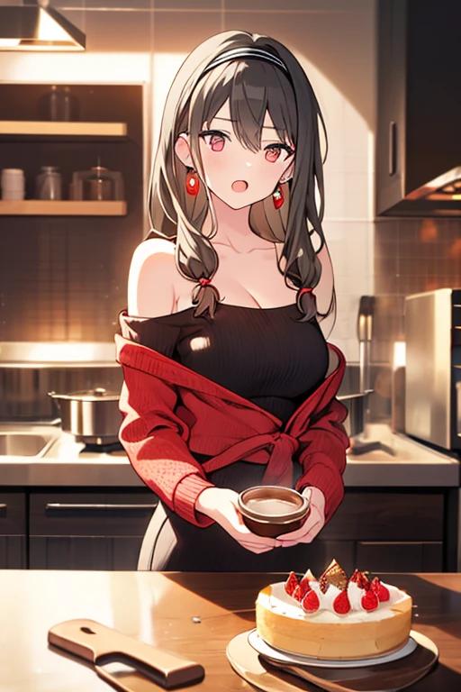 masterpiece, yor, 1girl, Amazing Cleavage:1.3, thin waist, big ass, Raised sexy, medium breast: 1.8 posed cleavage:1.2、solo, looking at viewer, open mouth, have a cup of coffee,black hair, red eyes, dress, bare shoulders, jewelry, collarbone, sidelocks, hairband, earrings, indoors, off shoulder, :o, sweater, arms behind back, plant, short hair with long locks, white hairband, off-shoulder dress, sweater dress, off-shoulder sweater, red sweater, big side hair, very long side hair,is rendered in (masterpiece: 1.2, best quality), with (ultra high resolution) and an exquisite (depth of field). This masterpiece is not only visually stunning but also tells, make of cake cooking ,in the kitchen