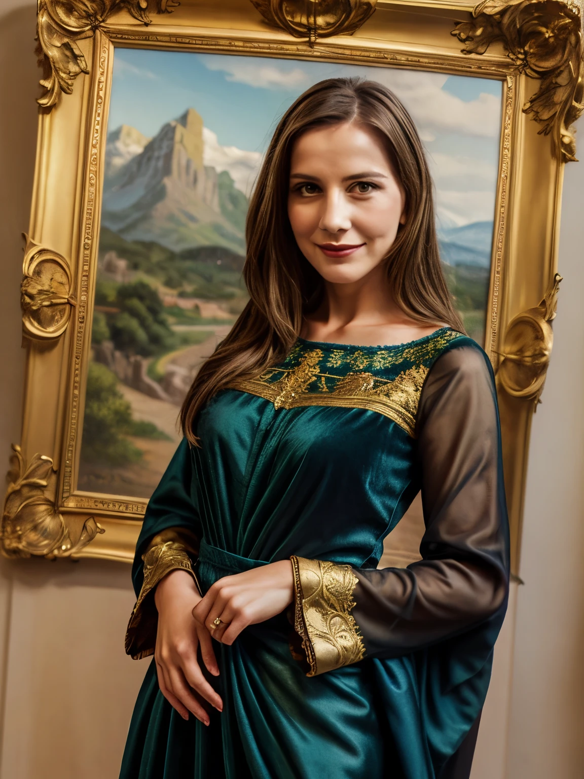1woman LaGermania posing in identical clothes as Lisa Gherardini in front of the Mona Lisa. LaGermania stands in an elaborately decorated Renaissance gown with rich, dark green fabric, intricately embroidered gold patterns, and a velvet finish. The gown features a high waistline, long sleeves with puffed shoulders, and a delicate, translucent veil draped over her hair. The background showcases the iconic Mona Lisa painting, framed in an ornate, gilded frame, capturing the serene landscape with winding paths and distant mountains. Every detail of the attire is meticulously crafted, from the fine lace trim on the sleeves to the delicate brocade patterns on the bodice. LaGermania’s pose is serene, with a subtle, knowing smile, and her hands gracefully folded in front of her, embodying the timeless elegance of the original subject.