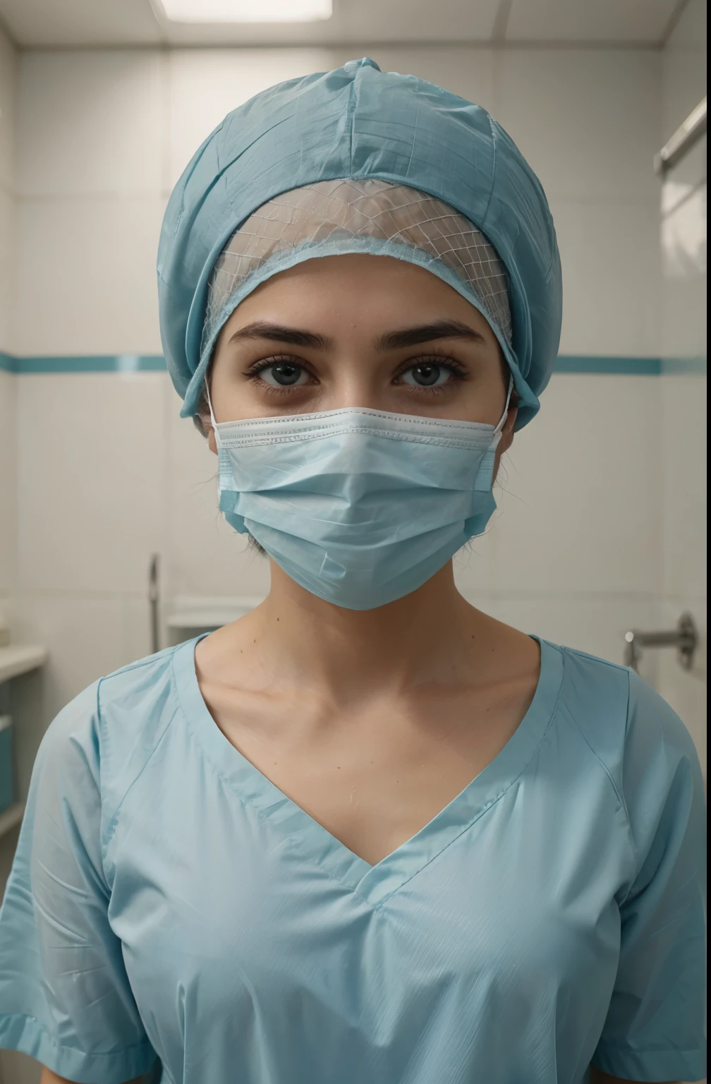 Ultra realistic, Cinematic, italian teenager girl, , standing in medical changing room, beautiful face, big eyes, big smile, detailed face, wears ultra soft and ultra light slight teal patient gown, wears teal surgical scrubs, wide angle , bokeh, all wearing large teal nylon bouffant cap, large teal nylon shower cap, large surgical cap covering hair and ears, short hair fully covered by nylon tissue cap, no hair tails, weaing teal patient gown