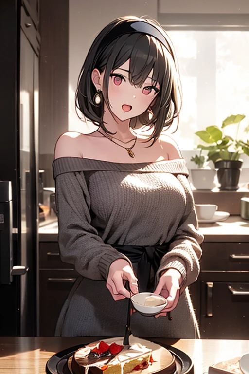 masterpiece, yor, 1girl, Amazing Cleavage:1.3, thin waist, big ass, Raised sexy, medium breast: 1.8 posed cleavage:1.2、solo, looking at viewer, open mouth, have a cup of coffee,black hair, red eyes, dress, bare shoulders, jewelry, collarbone, sidelocks, hairband, earrings, indoors, off shoulder, :o, sweater, arms behind back, plant, short hair with long locks, white hairband, off-shoulder dress, sweater dress, off-shoulder sweater, red sweater, big side hair, very long side hair,is rendered in (masterpiece: 1.2, best quality), with (ultra high resolution) and an exquisite (depth of field). This masterpiece is not only visually stunning but also tells, make of cake cooking ,in the kitchen
