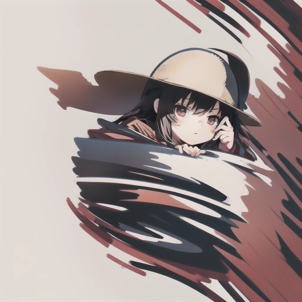 (​masterpiece, best quality), Intricate detailing, 8K, artstation, backdrop, offcial art, keen focus, 1 boy, One Piece, chibi, Straw Hat Logo, White background, simple sea background, black hair, pirate flag in the background, only up to the upper body, Strawhat, red top, Straw hat on the head, Straw