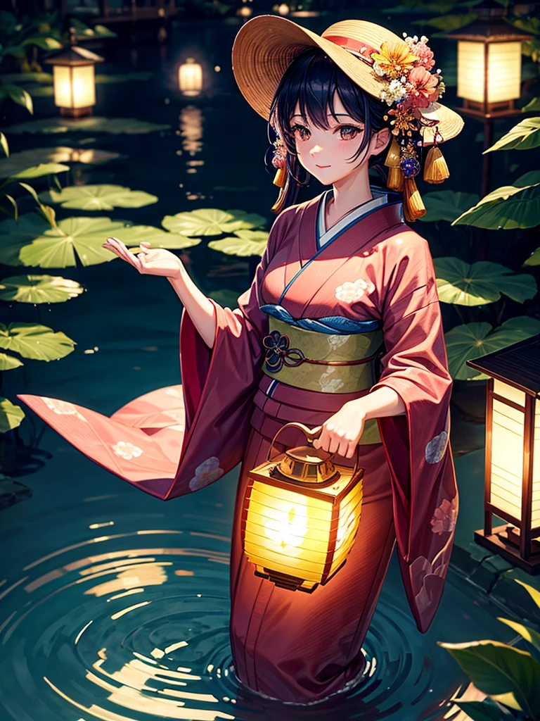 Highest quality,Highest Resolution,A beautiful girl in a kimono floating a lantern,River at night,The moon reflects on the water,