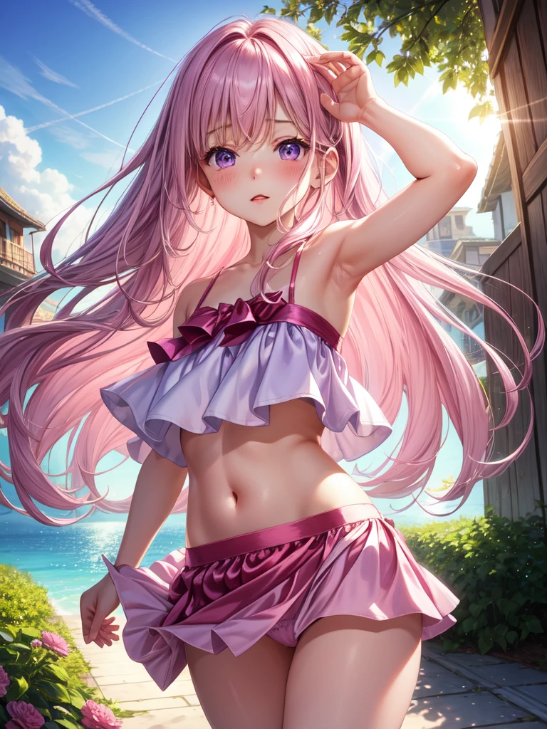 (satin、silk、(Pink Panties))、Realist, 1 girl, In white, Purple Eyes, Bright Eyes, Crop top, skirt, Chapped lips, blush, evening, Flores, sun, sunlight,