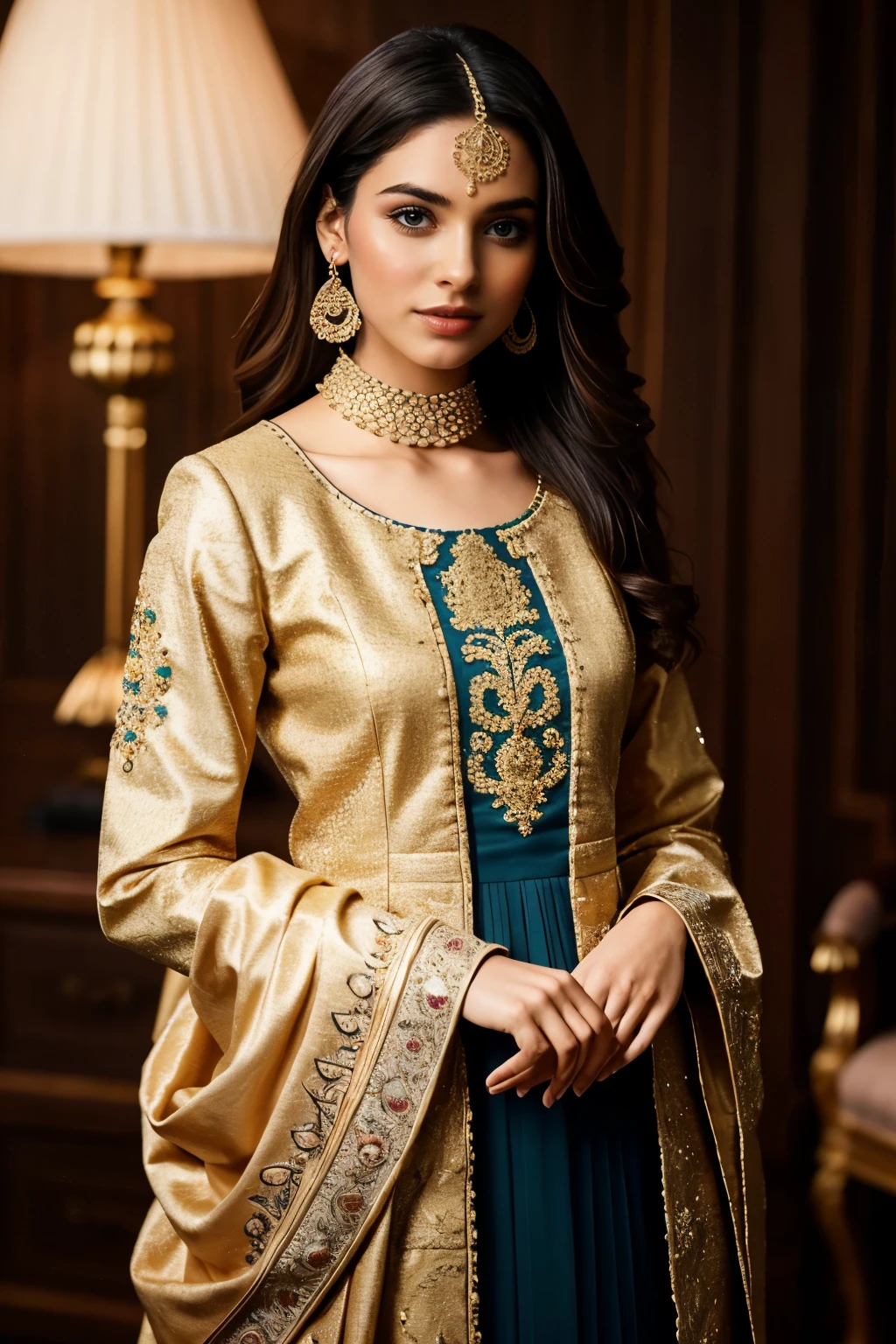 In this portrait photo, a beautiful 20-year-old female Instagram model exudes grace and elegance. She is fully dressed in an intricate Sharara Suit, a traditional desi ensemble that showcases rich cultural heritage. The Sharara Suit features a detailed and ornate design, with exquisite embroidery and embellishments that highlight the craftsmanship.
The model is bathed in soft, flattering lighting, with a rim light that outlines her figure and a key light that illuminates her face, emphasizing her delicate features and radiant complexion. The background is light, creating a subtle contrast that allows her vibrant attire to stand out.
Her pose is poised and confident, capturing the essence of a modern yet traditional beauty. This portrait not only highlights the model's stunning appearance but also the intricate details of her attire, making it a captivating and visually appealing image suitable for social media and fashion showcases.