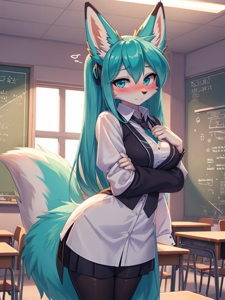 Miku Hatsune x vixen student costume, cuerpo completo, mejor iluminacion  alta definicion, cara sonrojada add_detail:1, classroom, add_detail:1, open blouse, parciality open blouse add_detail:1,  add_detail:3, sensual pose, naked