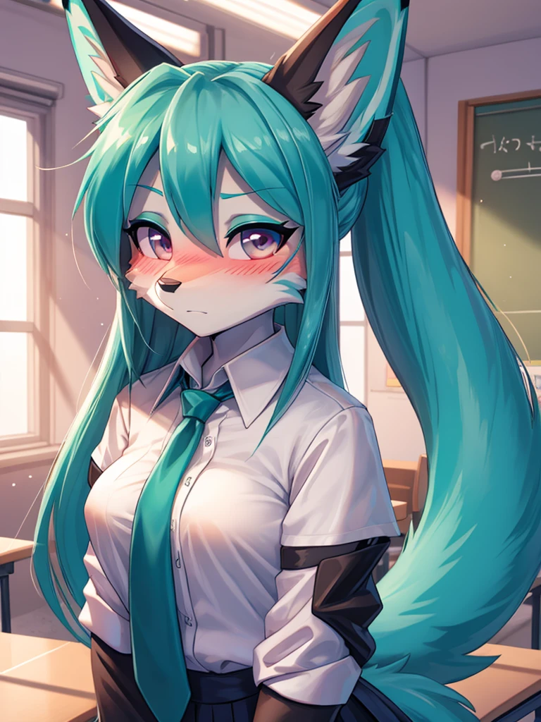 Miku Hatsune x vixen student costume 18 years old, cuerpo completo, mejor iluminacion  alta definicion, cara sonrojada add_detail:1, classroom, add_detail:1, open blouse, parciality open blouse add_detail:1,  add_detail:3, sensual pose, naked