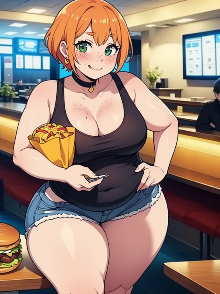 ((Masterpiece)), perfect anatomy, perfect shading, field of depth, (best quality), extremely delicate and beautiful, perfect lighting, detailed face, ultra cute face, cute, ((1girl)), ((solo))
short fluffy orange hair, freckles, green eyes, ((blush)), seductive smile, looking at viewer, tank top, shorts, choker, earrings, cleavage, small breasts, ((thick thighs)), (wide hips), fat ass, chubby,
intricate background, detailed background, fast food restaurant, holding food,