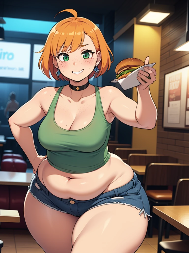 ((Masterpiece)), perfect anatomy, perfect shading, field of depth, (best quality), extremely delicate and beautiful, perfect lighting, detailed face, ultra cute face, cute, ((1girl)), ((solo))

short fluffy orange hair, freckles, green eyes, ((blush)), seductive smile, looking at viewer, tank top, shorts, choker, earrings, cleavage, small breasts, ((thick thighs)), (wide hips), fat ass, chubby,

intricate background, detailed background, fast food restaurant, holding food,
