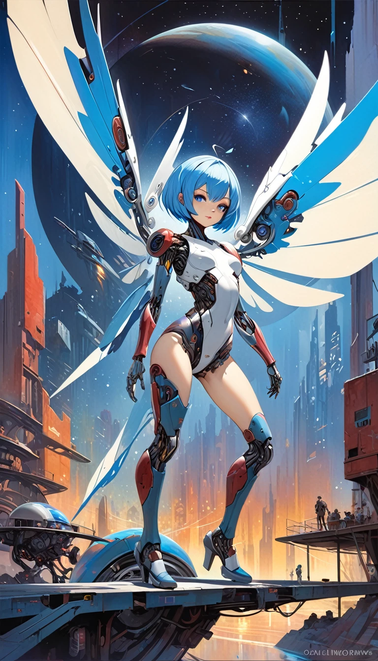 houjuu nue, asymmetrical metallic wings, mechanical parts, cyborg, Wambu, Wambu_Draws, long blue hair, futuristic world scene background (art inspired by Bill Sienkiewicz). oil painting)