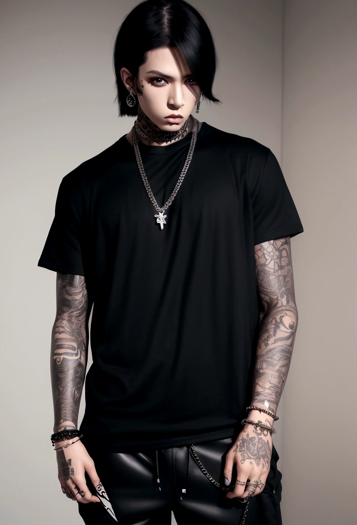 (Alone) man, serious expression, outfit (black top and black pants), skateboard in hand, tattoos on arms, chains and earrings, black fur, and perfect face, perfect body