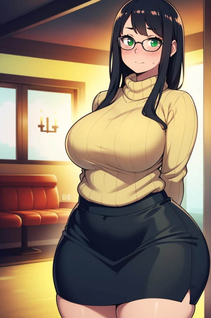 ((Masterpiece)), perfect anatomy, perfect shading, field of depth, (best quality), extremely delicate and beautiful, perfect lighting, detailed face, ultra cute face, cute, ((1girl)), ((solo))
long fluffy black hair, glasses, green eyes, ((blush)), nervous, looking at viewer, sweater, short skirt, large breasts, ((thick thighs)), (wide hips), plump,
intricate background, detailed background, fast food restaurant, arms behind back, cowboy shot,