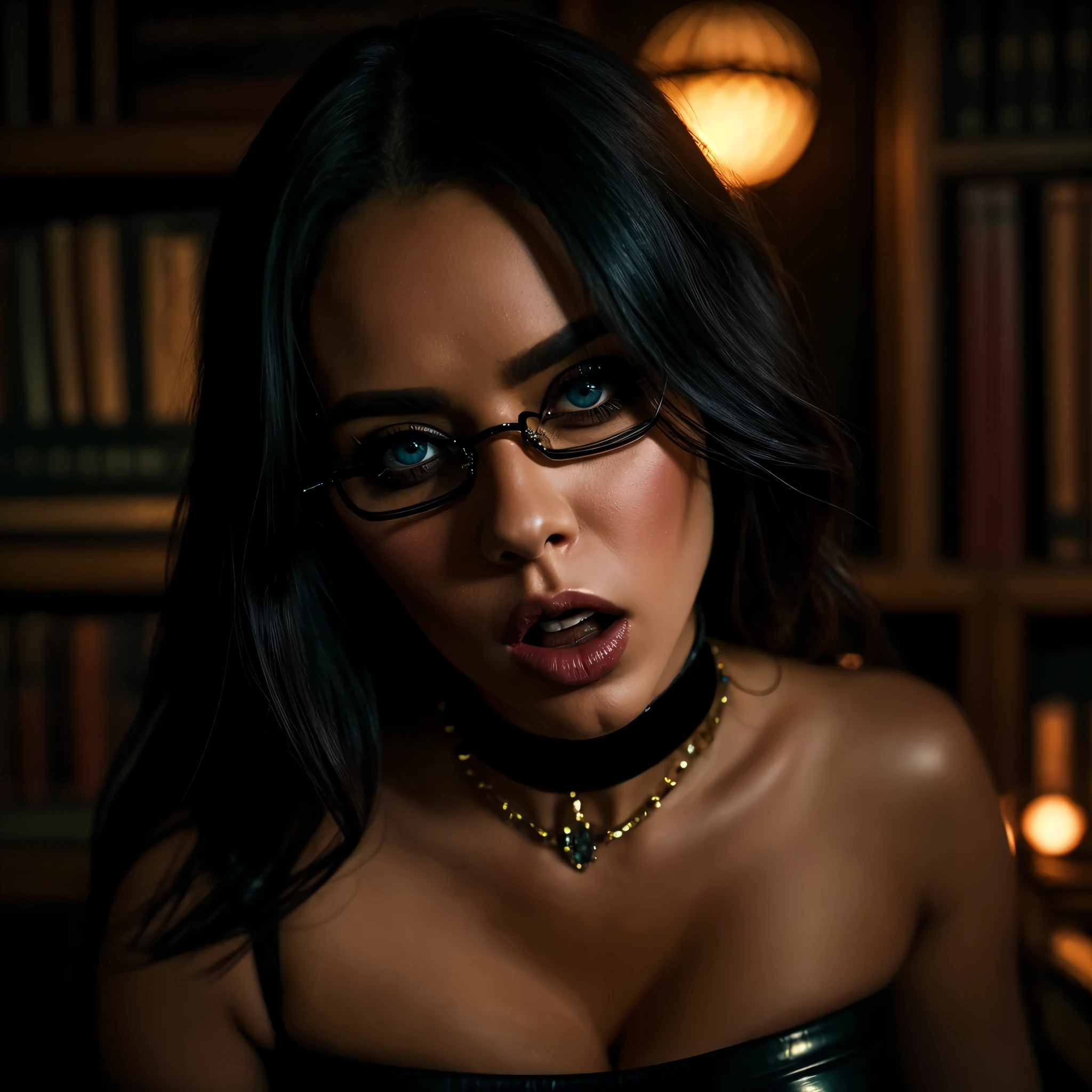 a beautiful milf with huge tits, round glasses, in a library, sitting on a table, wearing black tight latex stockings that dig into her juicy thighs, a choker collar strongly compressing her neck, with her tongue sticking out, (best quality,4k,8k,highres,masterpiece:1.2),ultra-detailed,(realistic,photorealistic,photo-realistic:1.37),extremely detailed eyes and face, longeyelashes, intricate details, dramatic lighting, cinematic composition, moody atmosphere, rich colors