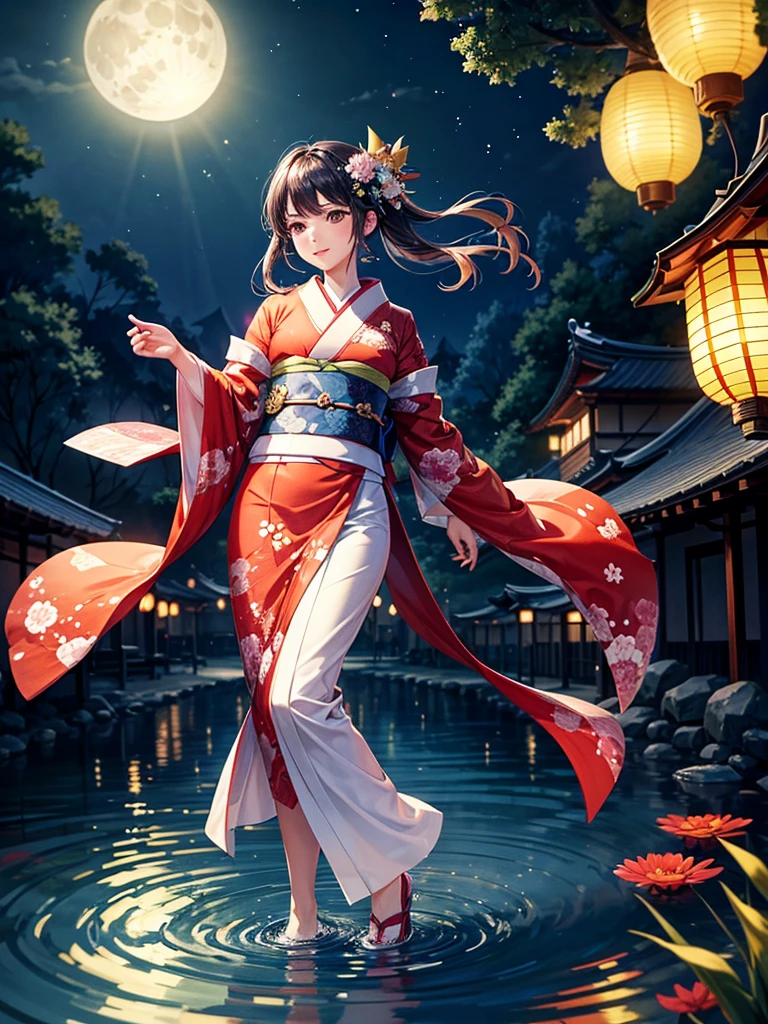 Highest quality,Highest Resolution,A beautiful girl in a kimono floating a lantern,River at night,The moon reflects on the water,