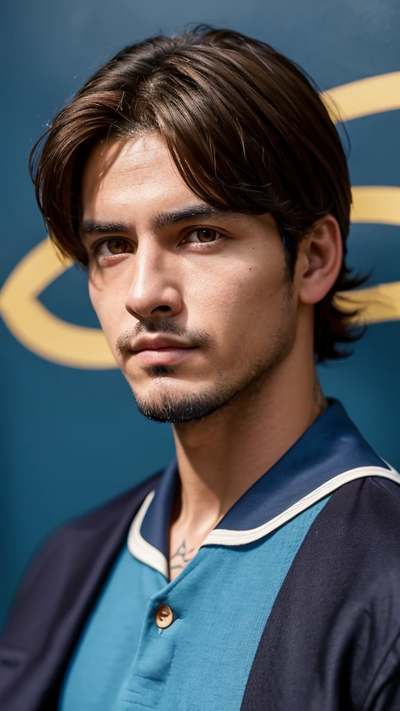Colombian man in his thirties, dark complexion, amber eyes, Brown hair, short beard, blue eye tattoo on bicep, seventeenth century sailor suit