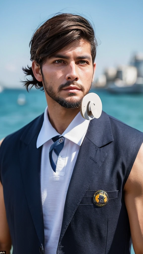 Colombian man in his thirties, dark complexion, amber eyes, Brown hair, short beard, blue eye tattoo on bicep, seventeenth century sailor suit