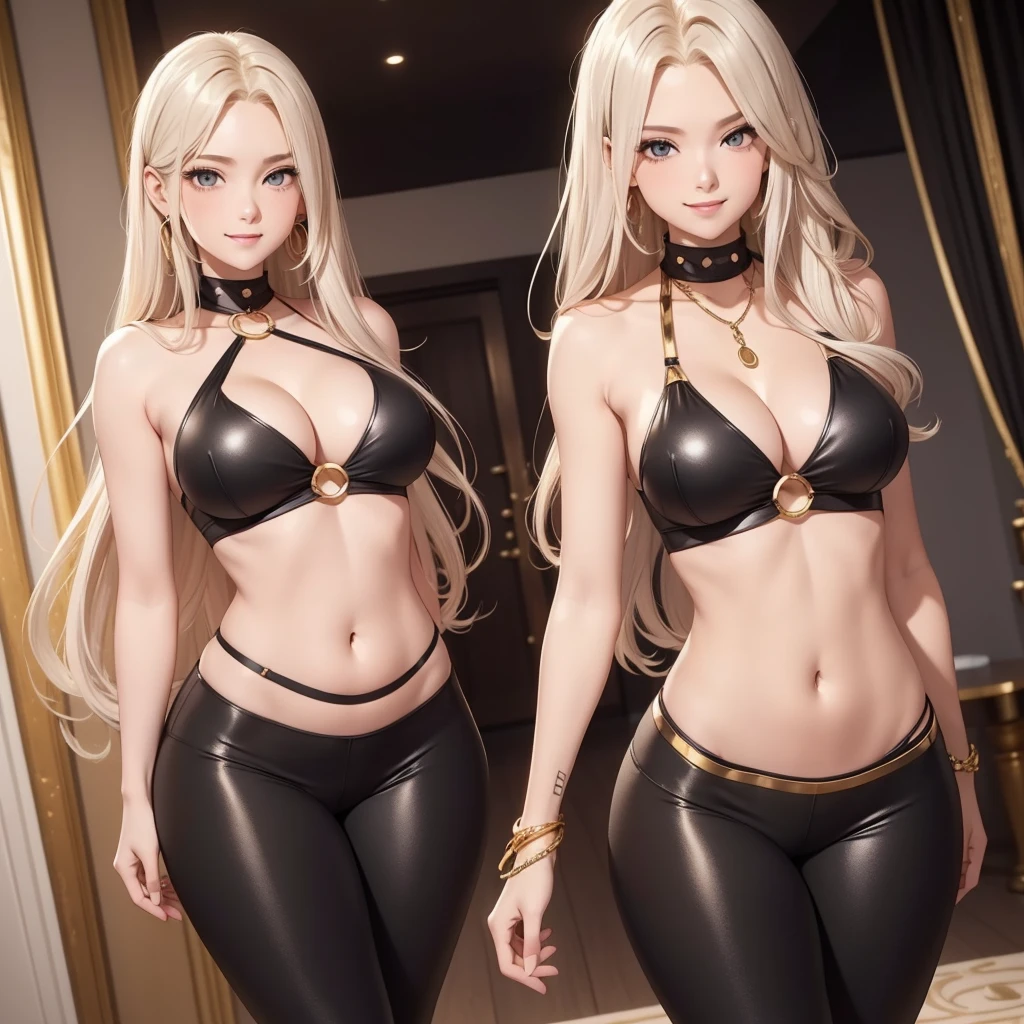 1 ly, smile, gold necklace with circle pendant long blonde hair, betwleen dates, silver Halter Top, ((cleavagible.)), medium breasts, define thighs, Butt Lifting Leggings lack leggings)) low waist, seductive look, sarcastic, shy, blushing, ((light skin))