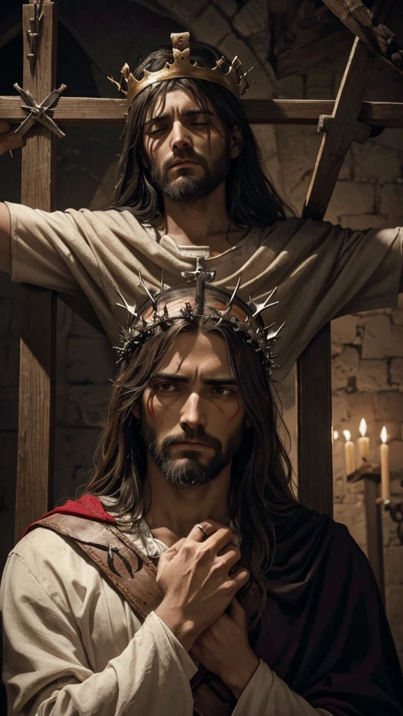 Jesus with the crown of thorns bleeding on the cross