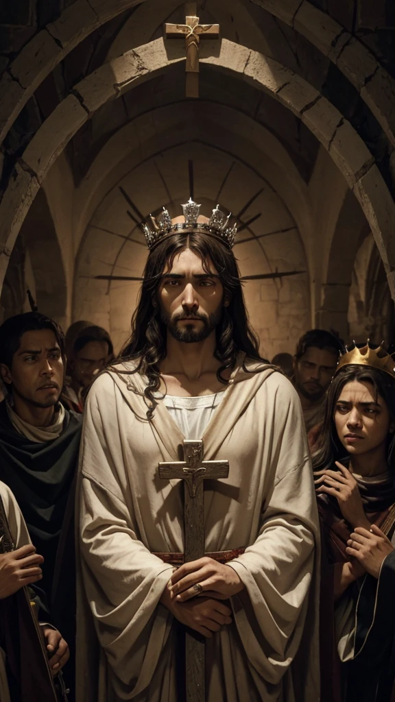 generate an image of jesus surrounded by women holding him