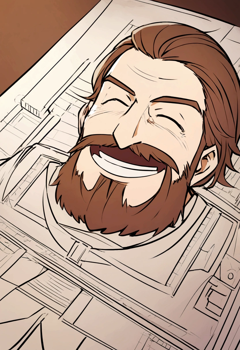  laughing man with medium brown hair and medium beard writing on a blueprint 
