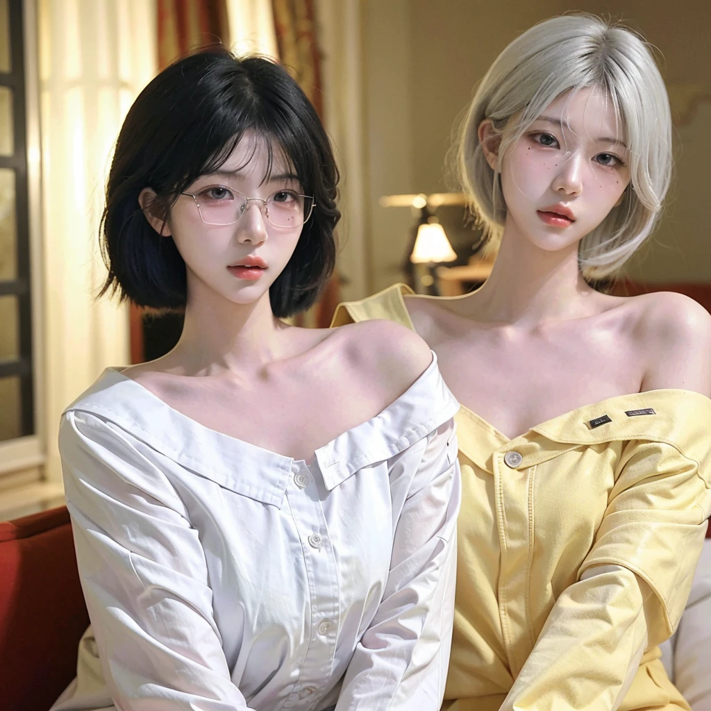 Beautiful woman with perfect figure:1.4,Ultra-high resolution,Wearing glasses,white背景,(real:1.4),Layered Hairstyles,white皮肤,Super Short Pleated Skirt,whole body,Extremely delicate facial and skin texture,double eyelid,Skin whitening,Long Hair,white hair,white,