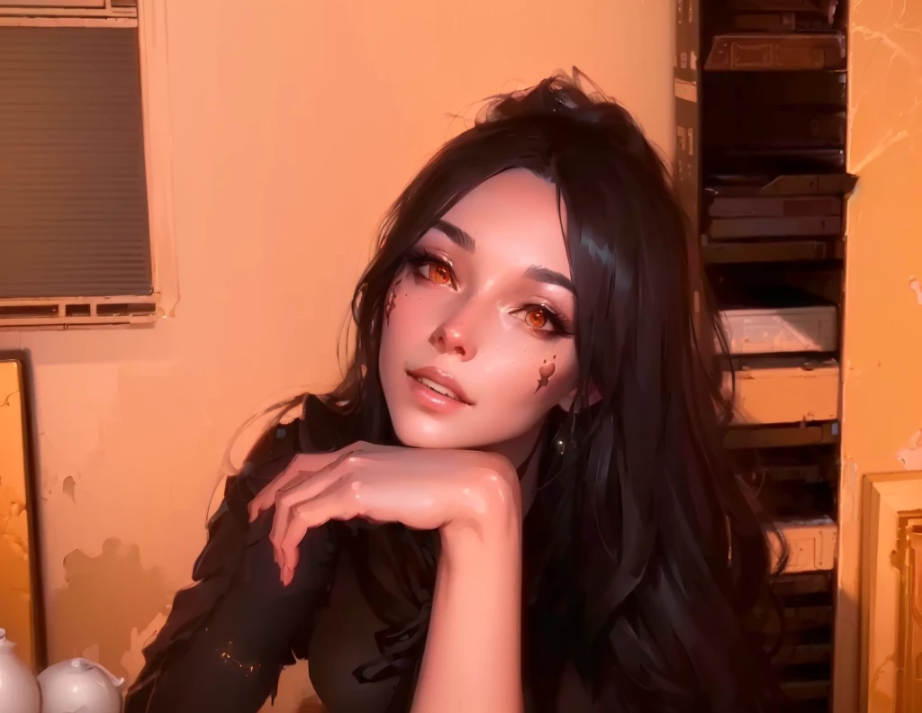 (8k, Raw photo, best quality, masterpiece), ultra high resolution, (realistic, photorealistic), 1 girl, 18 years old, emotionless, only, long purple hair tied, Blue eyes, black horns, Waifu. Big  ((95C)) very thin and perfect body

Professional lighting, Detailed lighting, backlighting, depth of field, Natural lighting, intense concentration, selfie, Detailed eyes, realistic eyes, detailed shadow.

In casual, smiles at the camera, sitting on her bed