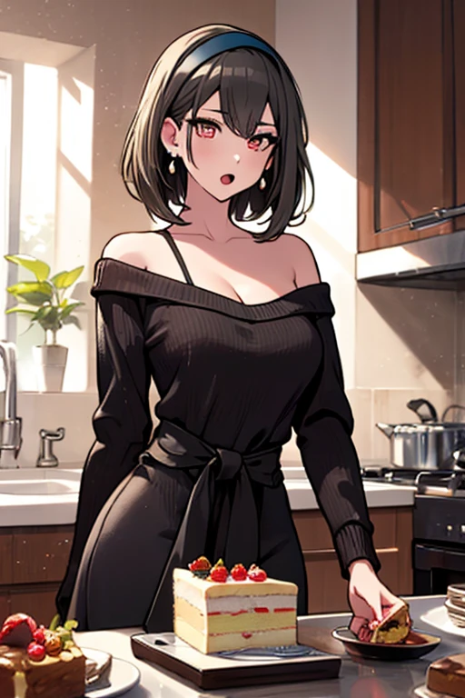 masterpiece, yor, 1girl, Amazing Cleavage:1.3, thin waist, big ass, Raised sexy, medium breast: 1.8 posed cleavage:1.2、solo, looking at viewer, open mouth, have a cup of coffee,black hair, red eyes, dress, bare shoulders, jewelry, collarbone, sidelocks, hairband, earrings, indoors, off shoulder, :o, sweater, arms behind back, plant, short hair with long locks, white hairband, off-shoulder dress, sweater dress, off-shoulder sweater, red sweater, big side hair, very long side hair,is rendered in (masterpiece: 1.2, best quality), with (ultra high resolution) and an exquisite (depth of field). This masterpiece is not only visually stunning but also tells, make of cake cooking ,in the kitchen
