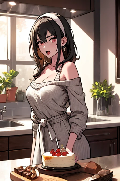 masterpiece, yor, 1girl, Amazing Cleavage:1.3, thin waist, big ass, Raised sexy, medium breast: 1.8 posed cleavage:1.2、solo, looking at viewer, open mouth, have a cup of coffee,black hair, red eyes, dress, bare shoulders, jewelry, collarbone, sidelocks, hairband, earrings, indoors, off shoulder, :o, sweater, arms behind back, plant, short hair with long locks, white hairband, off-shoulder dress, sweater dress, off-shoulder sweater, red sweater, big side hair, very long side hair,is rendered in (masterpiece: 1.2, best quality), with (ultra high resolution) and an exquisite (depth of field). This masterpiece is not only visually stunning but also tells, make of cake cooking ,in the kitchen