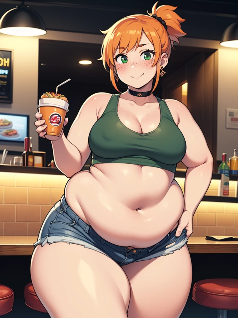 ((Masterpiece)), perfect anatomy, perfect shading, field of depth, (best quality), extremely delicate and beautiful, perfect lighting, detailed face, ultra cute face, cute, ((1girl)), ((solo))
short fluffy orange hair, freckles, green eyes, ((blush)), seductive smile, looking at viewer, tank top, shorts, choker, earrings, cleavage, small breasts, ((thick thighs)), (wide hips), fat ass, chubby,
intricate background, detailed background, fast food restaurant, holding food,