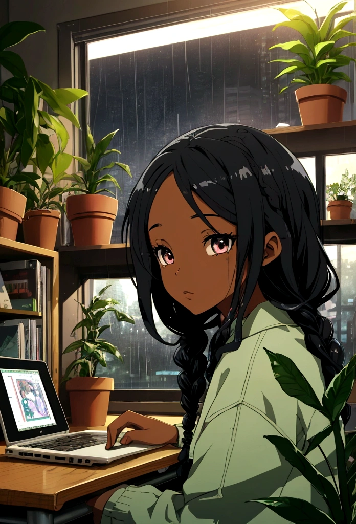 black Girl , studying in cozy room at night,braided hair , 2D style anime, lo fi, hard disk, computer on the desk, laptop dark environment, plants, coffee, rainy day, plants, homework,