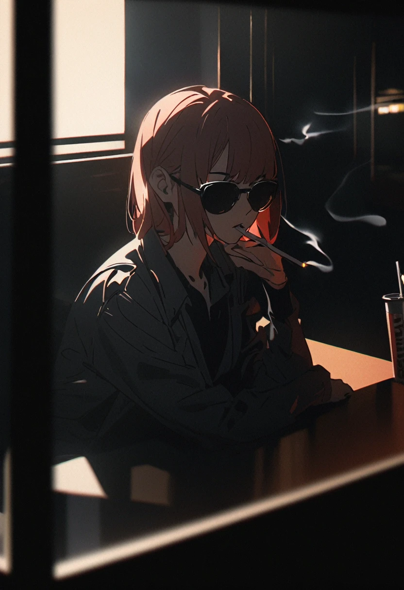 Beautiful Asian redhead sitting in a restaurant at night, visible from the window, perfect face, sunglasses, smoking white Taylormade cigarettes, neon black, (backlit: 1.1), hard shadows, artwork, highest quality, complex, model shooting style, vintage, film grain, incomplete details.