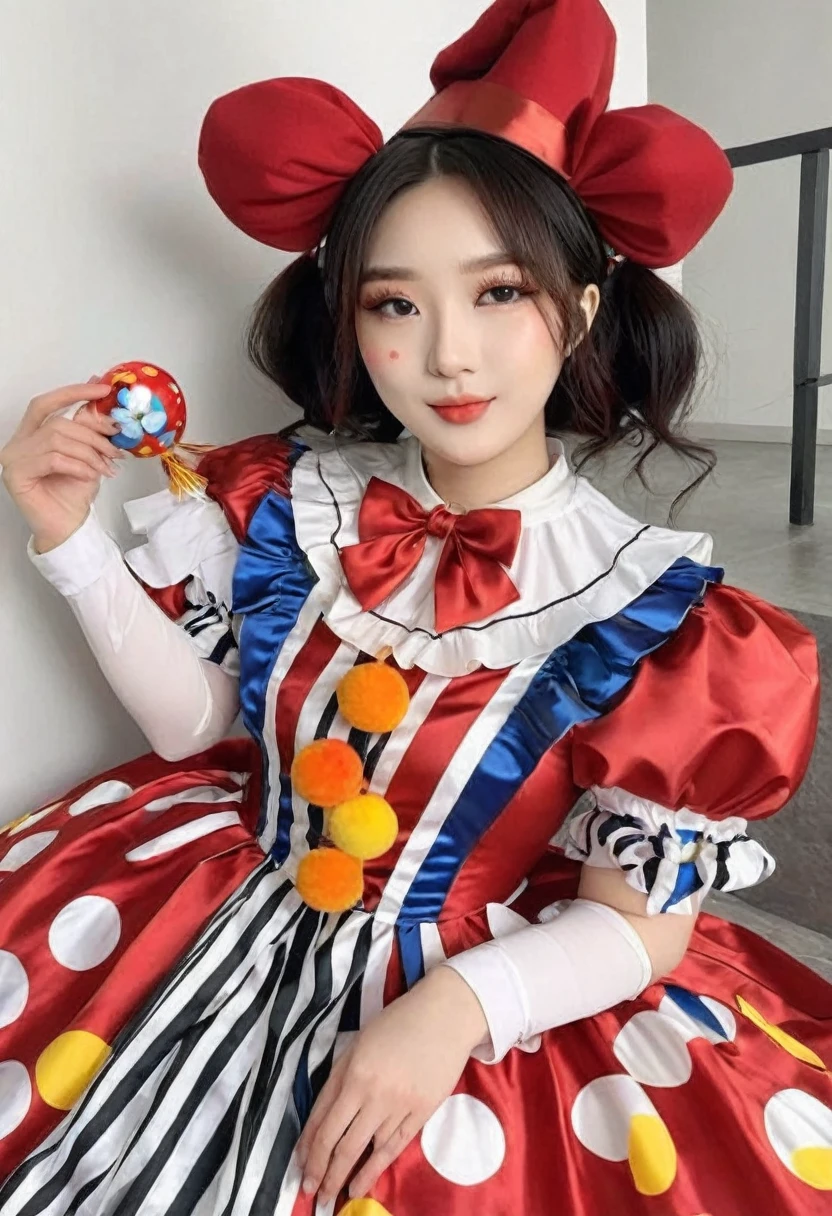 (((high quality:1.2))), Work of art, (8k), extremely detailed, ((High detail:1.2)) ((best resolution)), (Hotlexi woman), Solo, 24 year old Korean Ulzzang female, ((sexy clown outfit)),