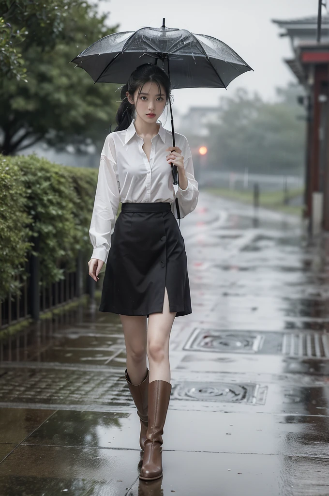 (((best quality))),(((ultra detailed))),(((masterpiece))),illustration,1girl, young,solo, slim,thin,short ponytail,small breasts,flat chest,white collared shirt,briefs,slender legs,boots,standing,rainy night, heavy rain, drenched clothes, melancholy expression, solitude, tear rolling down cheek, wet hair, empty streets, dimly lit, deserted environment, sound of rain, footsteps, discarded umbrella on the ground, symbol of hope, abandoned, resilience, determination, walking in rain, heartbreak, loss, love fading, loneliness, body language, facial expression, dreary atmosphere, rain-soaked streets, somber mood, viewer engagement,full body