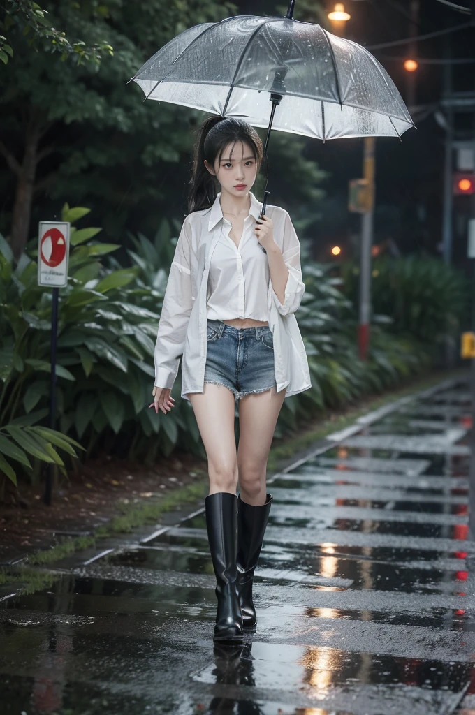 (((best quality))),(((ultra detailed))),(((masterpiece))),illustration,1girl, young,solo, slim,thin,short ponytail,small breasts,flat chest,white collared shirt,briefs,slender legs,boots,standing,rainy night, heavy rain, drenched clothes, melancholy expression, solitude, tear rolling down cheek, wet hair, empty streets, dimly lit, deserted environment, sound of rain, footsteps, discarded umbrella on the ground, symbol of hope, abandoned, resilience, determination, walking in rain, heartbreak, loss, love fading, loneliness, body language, facial expression, dreary atmosphere, rain-soaked streets, somber mood, viewer engagement,full body