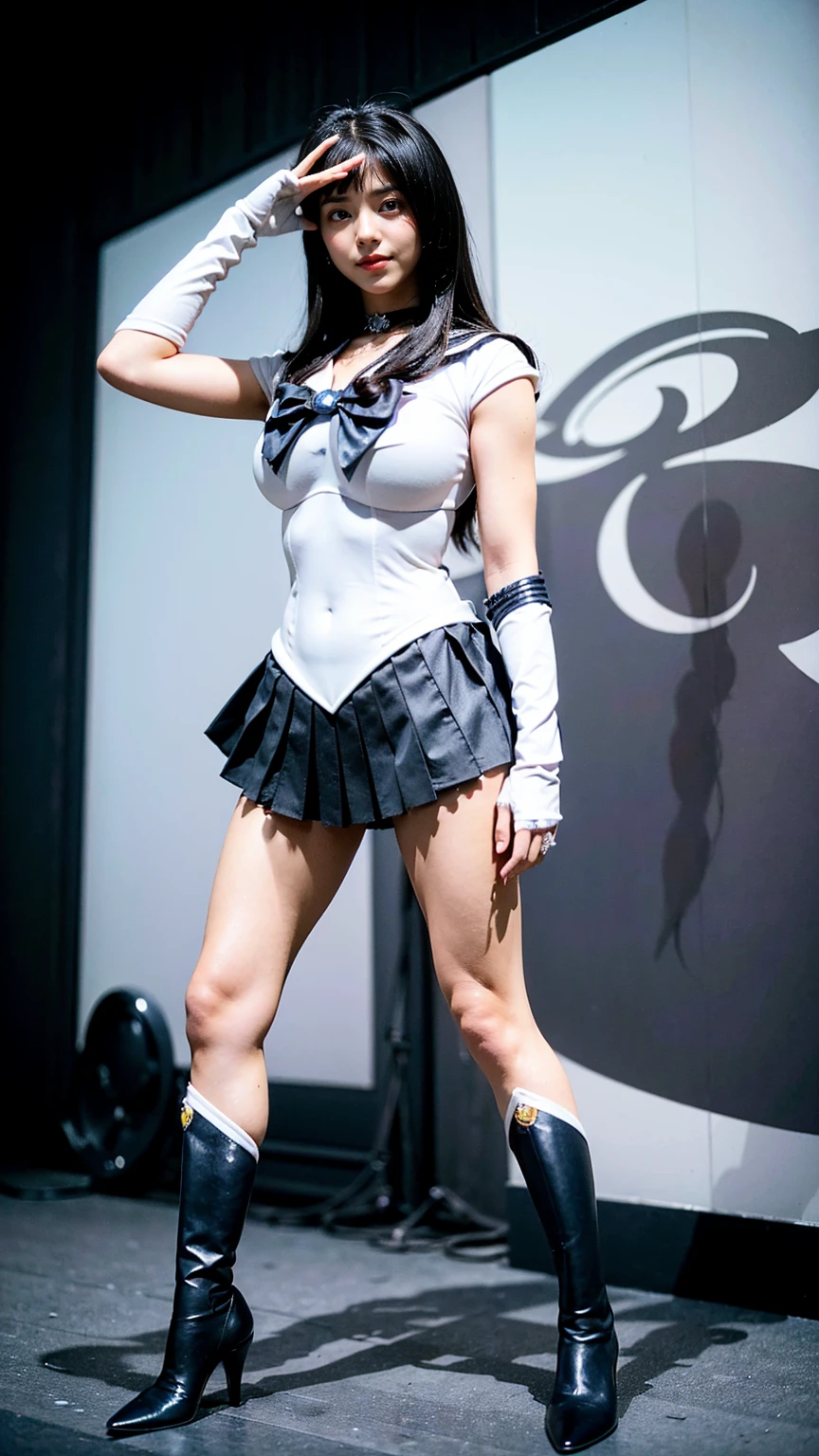 (8K、RAW Photos、Highest quality、masterpiece:1.2)、(Realistic、Realistic)、1 beautiful girl、((Sailor Moon Costume:1.5、With pubic hair、Large Breasts、Full body from the front、Standing with hands behind back、))、Lots of eyelashes、Glowing eyelids、skeletally correct、smile、This photo will awaken boys to sex