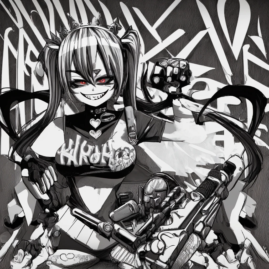 harley queen sticker, harley queen clothing, cool position, A gun in each hand, harley queen pigtails, outfit de harley queen, looking at the camera with a mocking and irreverent smile, gta VI style, chroma background