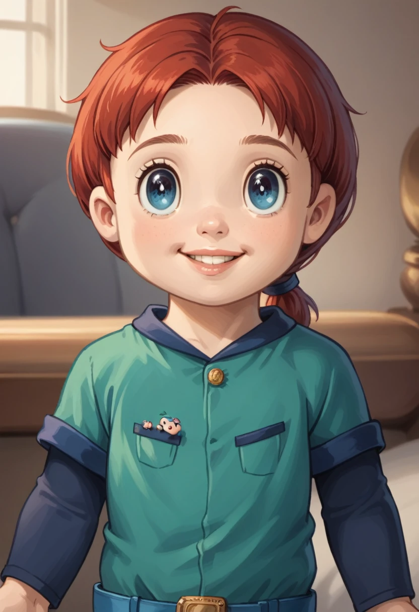 Score_9, score_8_up, score_7_up, rating_safe, Cute young boy, ropple, blue eyes, green hair, cute face, very smail, light smile, {1, British, 4 years old, small toddler, tiny baby girl, innocent one, young, realistic face, red hair, low ponytail, parted bangs, pale skin, {Pixar style},  eyelashes, full lips, bottom lip, soft smile, cute, small nose, anorexic, ultra skinny, super thin, underweight, dainty, flat tummy}, midriff peek, reaching towards viewer, close-up, child's bedroom, {photorealistic, ultra realistic, amazing quality, 3D, HD, masterpiece}, best quality, amazing quality, very aesthetic, absurdres