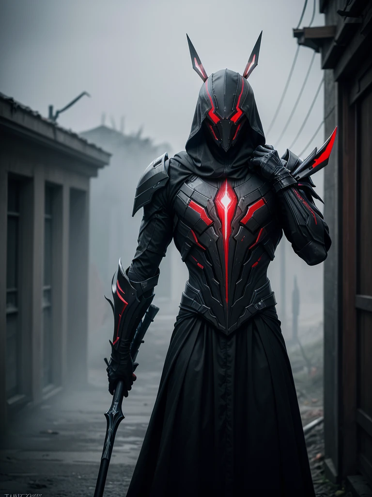 Photograph,The Stalker resembles a black, gray, and red Warframe Excalibur with a custom helmet, its body mostly shrouded in black mist. He wields a black bow called Dread, throws monofilament-tipped knives called Despair, and a scythe called Hate.