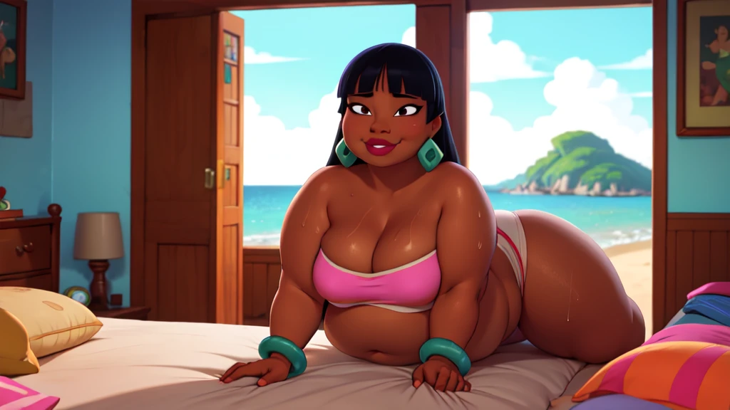 (work of art:1.2, best qualityer:1.2), soft ambient lighting, perfect lighting, 1 girl, standing alone, Chel, Bblack hair, long hair, rhombus stripe, eyes browns, darkskin, lipstick, breasts big, Broad Hips, top of the tube, neckleace, bared shoulders, emerald earrings, emerald bracelets, looking at the camera with a smug expression on his face, beach background, very large body, fat belly rolls, big breasts, sexy smile, fat arms, thunder thighs, super fat, looking at viewer, wet clothes, sweating very hard, sexy looking, blob, breathtaking, bedroom, lying in bed, home