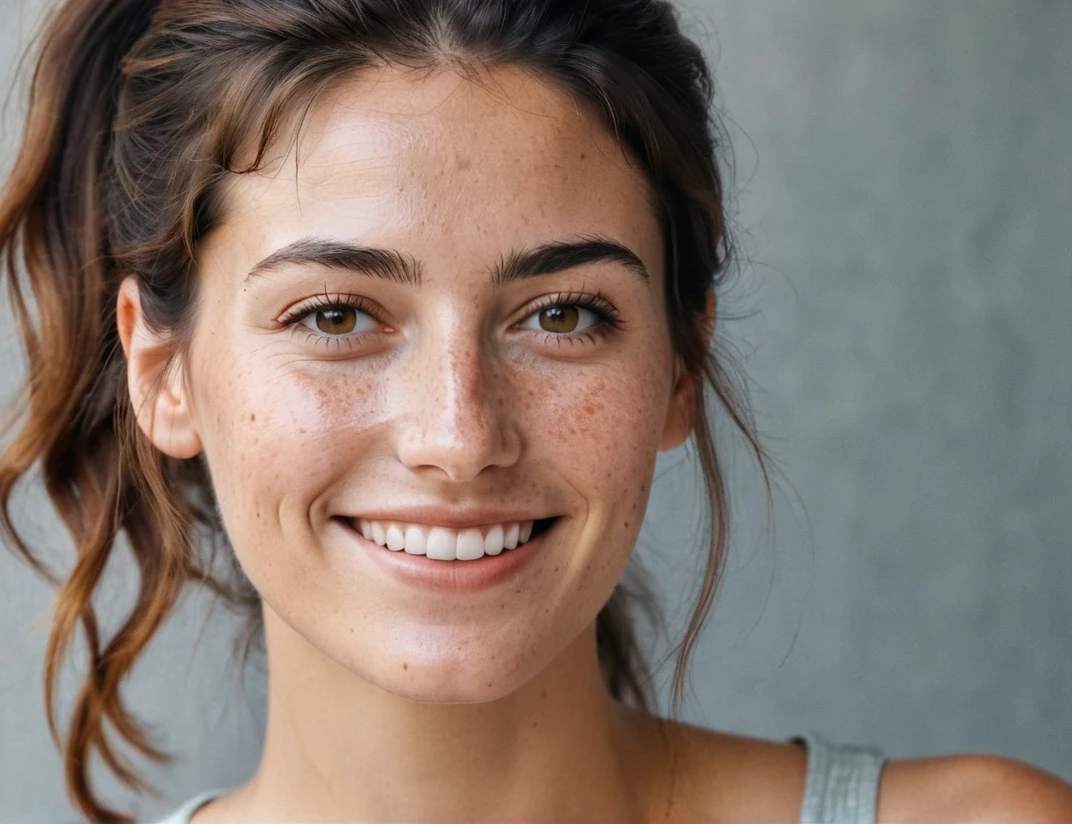 Portrait of Roberta Gemma, italian woman, 30 years old, face highly detailed, natural skin with light freckles, light make-up, hair up with a ponytail, smiling.