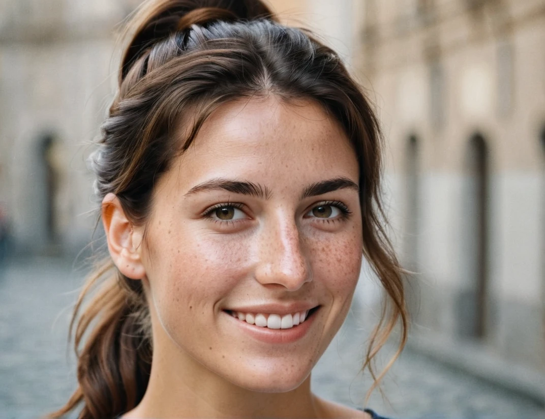 Portrait of Roberta Gemma, italian woman, 30 years old, face highly detailed, natural skin with light freckles, light make-up, hair up with a ponytail, smiling.