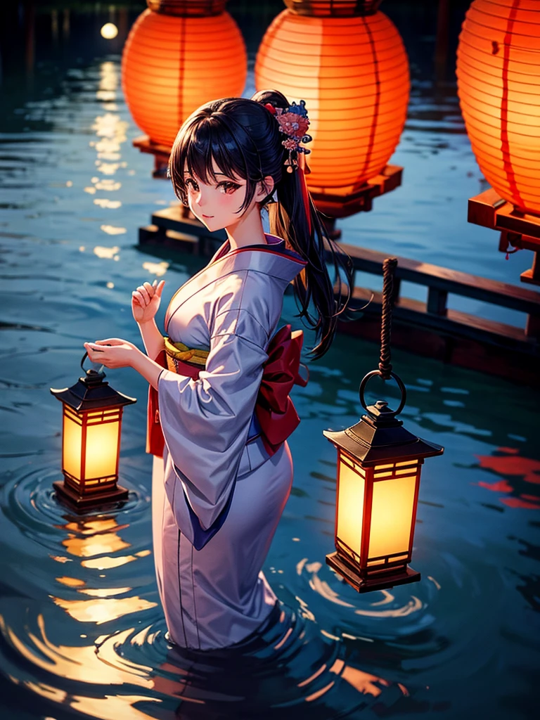 Highest quality,Highest Resolution,A beautiful girl in a kimono floating a lantern,River at night,The moon reflects on the water,Japan,