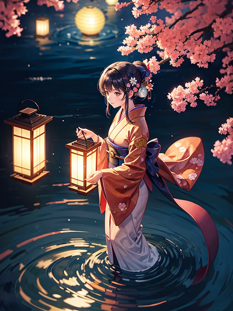 Highest quality,Highest Resolution,A beautiful girl in a kimono floating a lantern,River at night,The moon reflects on the water,Japan,