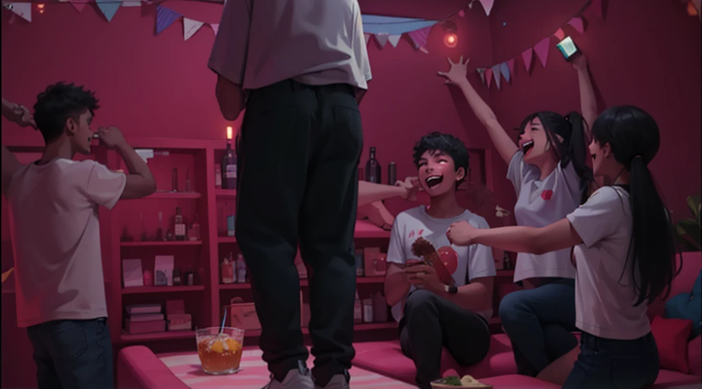 n group of 19 year olds with t-shirts, there are teenage women and men, they are happy singing and laughing at a party, they are sitting on a sofa enjoying drinks and food.