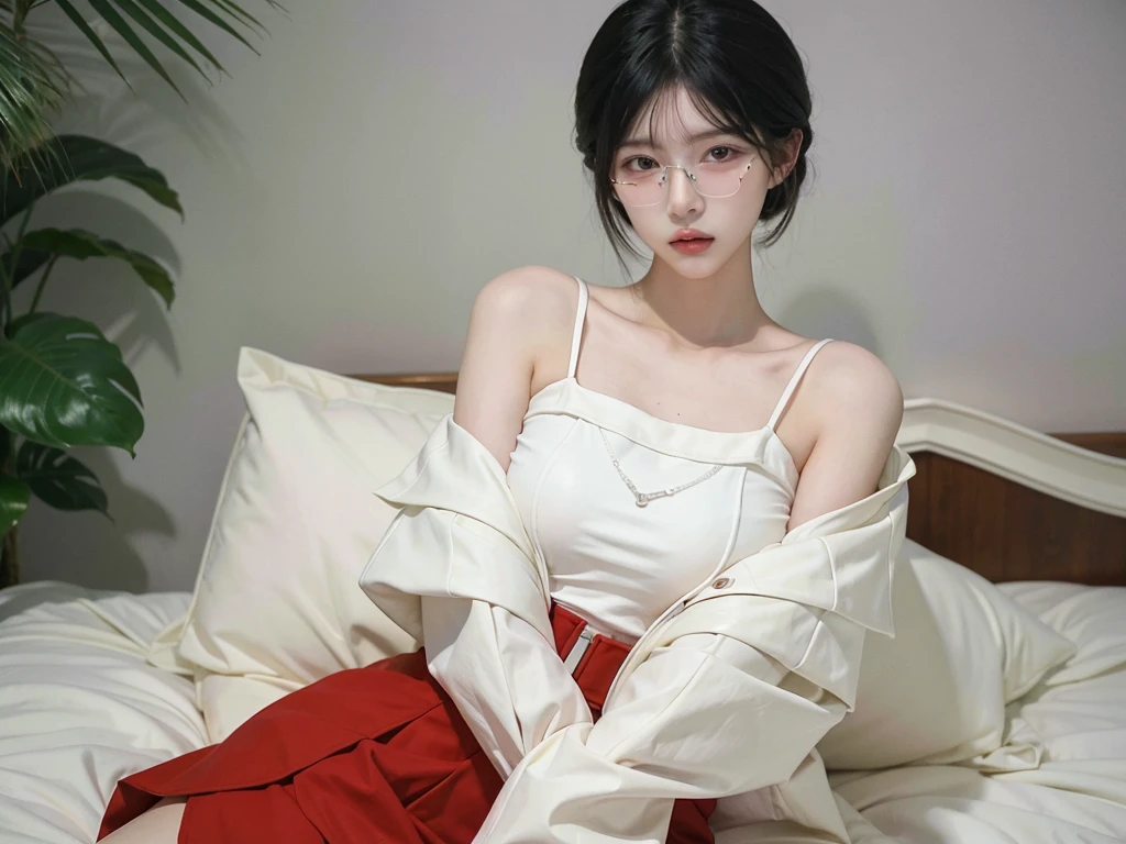 Beautiful woman with perfect figure:1.4，Ultra-high resolution，Wearing glasses，white背景，（real：1.4），Layered Hairstyles，white皮肤，Super Short Pleated Skirt，whole body，Extremely delicate facial and skin texture，double eyelid，Skin whitening，Long Hair，white hair，white，