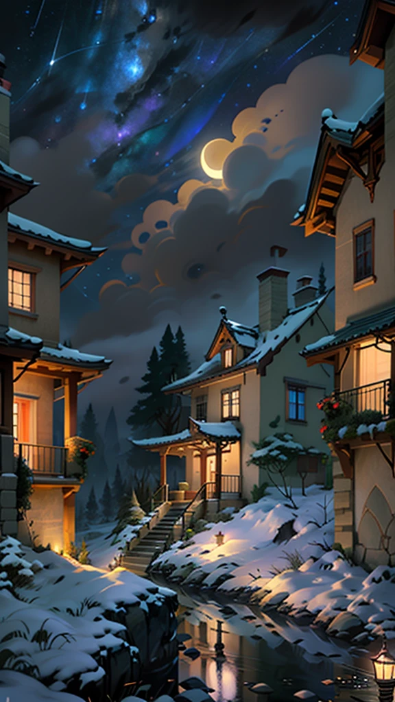 This image is、It depicts a charming and fantastical village at night.。カラフルなHome々are built one on top of the other on the slope of the hill.。Homeの色はオレンジ、yellow、green、purple、Red, etc.、Warm light pours out from each window、Indicates that there is an inhabitant。chimney、balcony、Details include stairs connecting different levels.。Starry sky spreads out in the background、You can see the crescent moon partially hidden by the clouds.。A flock of birds is flying in the sky、秋の紅葉がHome々are scattered between。The lighting is soft and warm、Home々or from street lights.、It creates a serene and magical nighttime scenery.。