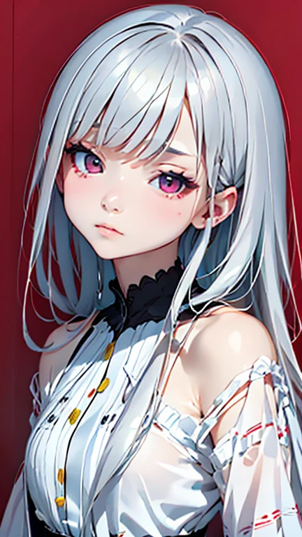 手のひらサイズのフィギュア, master piece:1.5、(minimal art, line drawing), A Russian girl in her early 10s with ash grey hair、draw a picture with a pencil、Black and white art:1.2、lips are red、background is Multiple color、silence、An ennui look、Densely drawn