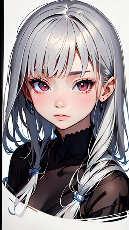 手のひらサイズのフィギュア, master piece:1.5、(minimal art, line drawing), A Russian girl in her early 10s with ash grey hair、draw a picture with a pencil、Black and white art:1.2、lips are red、background is Multiple color、silence、An ennui look、Densely drawn