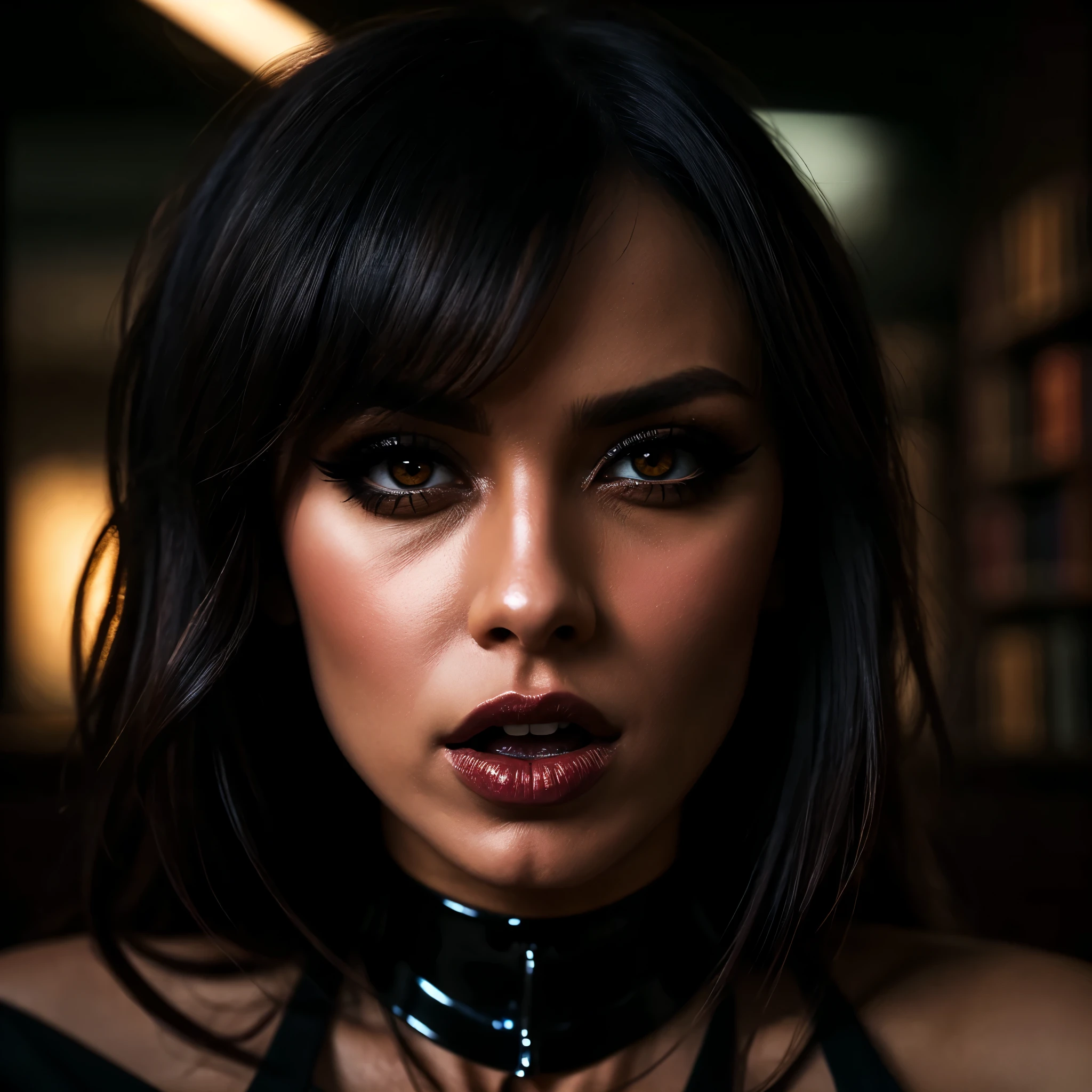 a beautiful milf with huge tits, round glasses, in a library, sitting on a table, wearing black tight latex stockings that dig into her juicy thighs, a choker collar strongly compressing her neck, with her tongue sticking out, (best quality,4k,8k,highres,masterpiece:1.2),ultra-detailed,(realistic,photorealistic,photo-realistic:1.37),extremely detailed eyes and face, longeyelashes, intricate details, dramatic lighting, cinematic composition, moody atmosphere, rich colors