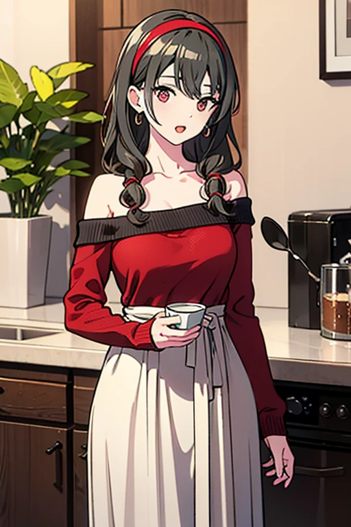 masterpiece, yor, 1girl, Amazing Cleavage:1.3, thin waist, big ass, Raised sexy, medium breast: 1.8 posed cleavage:1.2、solo, looking at viewer, open mouth, have a cup of coffee,black hair, red eyes, dress, bare shoulders, jewelry, collarbone, sidelocks, hairband, earrings, indoors, off shoulder, :o, sweater, arms behind back, plant, short hair with long locks, white hairband, off-shoulder dress, sweater dress, off-shoulder sweater, red sweater, big side hair, very long side hair,is rendered in (masterpiece: 1.2, best quality), with (ultra high resolution) and an exquisite (depth of field). This masterpiece is not only visually stunning but also tells, make of cake cooking ,in the kitchen
