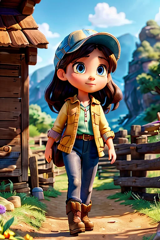 drawing scene a girl on a horse walking through a farm, hills, lake, detailed sky, beautiful detailed eyes, beautiful detailed lips, extremely detailed face and eyes, long eyelashes, girl dressed in pants and blouse, cap and boots, sunlight, warm color tones, photorealistic, 8k, high resolution, best quality, masterpiece, ultra-detailed, realistic, photorealistic, HDR, UHD, studio lighting, ultra-fine painting, sharp focus, scene f disney children's movie